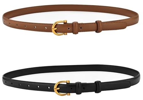 AABDTYYD Paquete de 2 Cinturon Mujer,Cinturón Mujer para Pantalones Vaqueros,Cinturon Mujer Piel PU con Hebilla Dorada,Cinturón de Moda para Damas para Vestidos (Negro,Marrón)