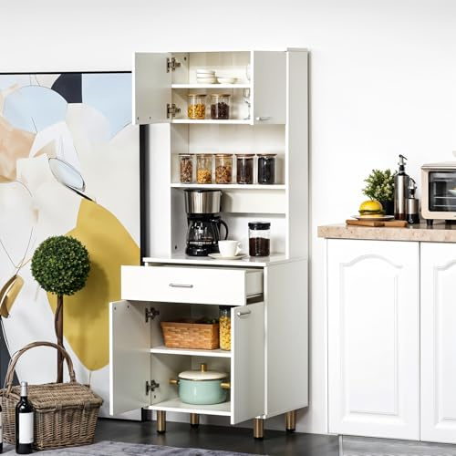 Warmiehomy Tall Kitchen Cupboard Storage Unit 60cm x 40cm x 180cm Modern White Kitchen Cabinet Pantry Cupboard Sideboard for Living Room Dining Room