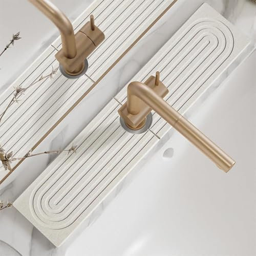 Volminex Diatomite Faucet Mat for Kitchen Sink, Stone Sink Splash Guard Mat, Fast Drying Stone Handle Drip Catcher Tray, Faucet Splash Guard for Kitchen Bathroom Counter (White, 15.7 x 3.9)