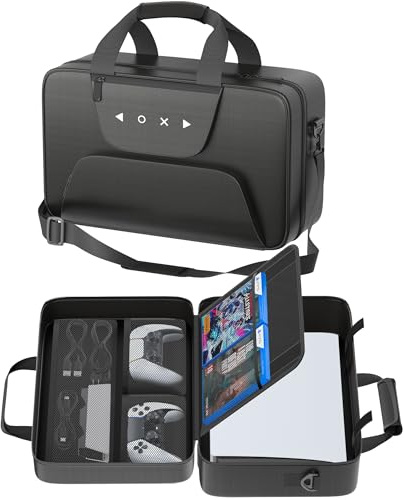 Gersker Sac de Transport PS 5 Compatible avec PS 5/Slim/Pro Digital & Disc, Étui de Voyage PS-5 avec Plusieurs Poches, Protège Les Écouteurs, Les Manettes et Les Accessoires de Jeu, Noir
