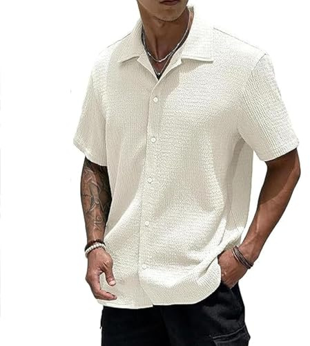 Generisch Herren-Strickhemd mit Struktur, atmungsaktives, lässiges Button-Down-Hemd, bequemes Kurzarm-Oberteil (Beige,XL)