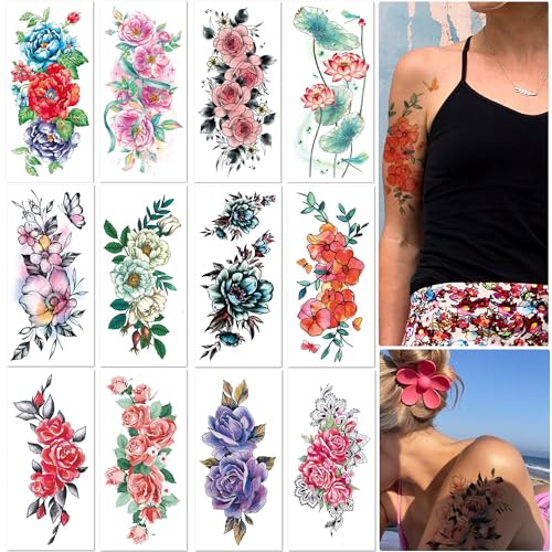 Rosymormor 12 Feuilles Fleurs Manche Tatouages Éphemere Femmes Filles, Faux Temporaires Tatouages Sexy Autocollants Réalistes, Roses, Lotus, Pivoines Fleurs Variées pour Corps Dos Halloween Noël