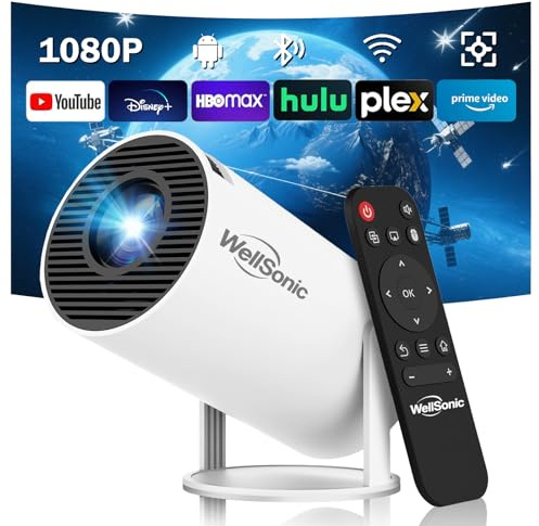 WellSonic Mini-projektor 4K-stöd med WiFi 6 och Bluetooth 5.4, 200 Ansi bärbar projektor, automatisk vertikal nyckelsten, 180° roterbar, Android 11 smart proyector för hem sovrum utomhus