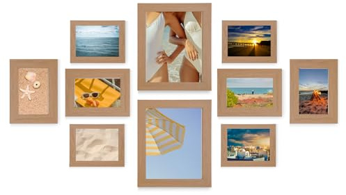 MARCOFOTO, Set De 10 Marcos De Fotos, 2 De 20x25 Cm, 4 De 13x18 Cm, 4 De 10x15 Cm, Madera MDF Y Cristal, Diseño Elegante Y Versatil (MADERA)