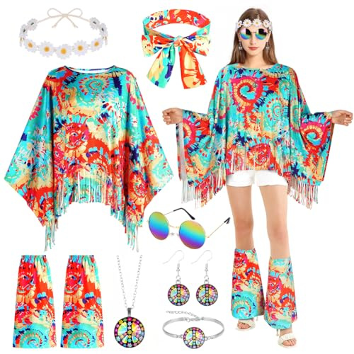AOOWU Costume Hippie Donna, 10 Pezzi Stile Vintage Anni 60 Anni 70 Hippie Accessori, con Occhiali Fascia per Capelli Anni con Copristivali, Costume Carnevale Halloween