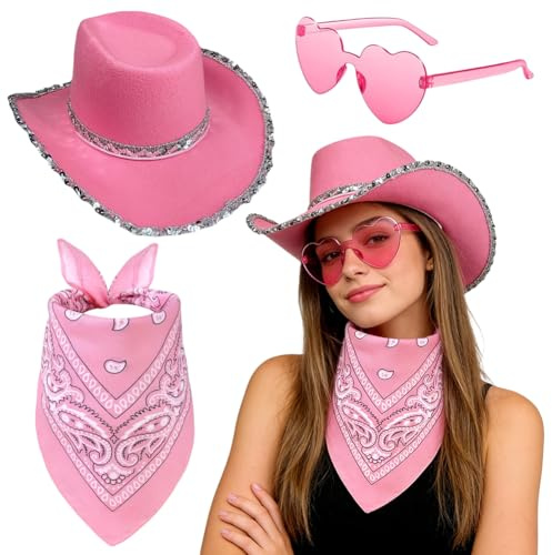 JynxtoyZeal Occidentale Cappello da Cowboy, Accessori per Costumi da Cowboy Cappelli per Adulti, Set Cappello Cowgirl Bandana Occhiali, Cappello da Cowboy con Paillet per Natale Feste Carnevale