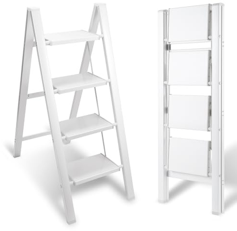 Mantigositeen Scaletta pieghevole a 4 gradini, portata fino a 150 kg, antiscivolo ampi gradini con pedale antiscivolo, pieghevole salvaspazio, scala domestica per cucina, bianco