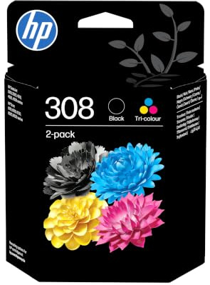 HP 308 Nero e Tricromia, 6L6S6UE, Confezione da 2 Cartucce Originali da 120 Pagine, Compatibili con Stampanti Envy 6110e, 6120e, 6122e, 6130e, 6132e, 6520e, 6530e, 6532e