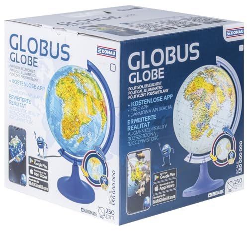 DONAU Globo/Diametro 25 cm/Mappamondo/Mappa Politico-fisico/Illuminato/Globo luminoso/Versione in lingua tedesca/Applicazione Multiglobear/Illuminazione a LED