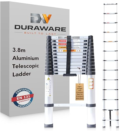 Telescopic Ladder 3.8m Aluminium EN131 Certified UK Stocked Prime-eligible | Professional Extending Ladder for Site, Office and Home use on Building Maintenance, Roof, Attic, Caravan, Indoor and Outdoor