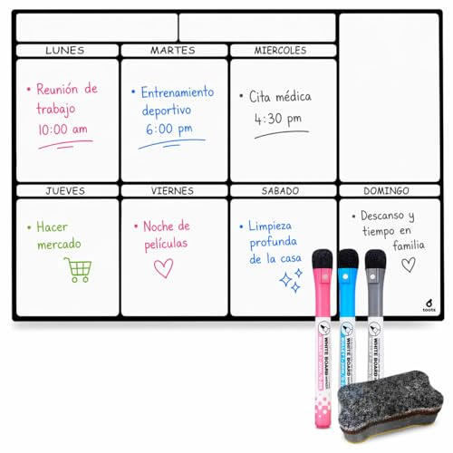 toots - Calendario Magnético Nevera A4 (30x21) Planificador Semanal o Mensual con 3 Marcadores y Borrador, Pizarra Organizadora para Cocina, Menú, Compras y Familia.