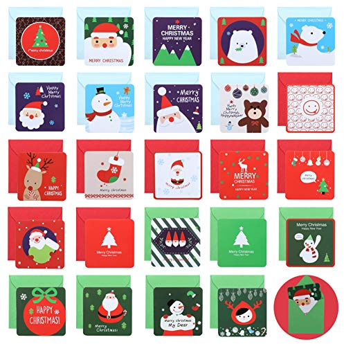 Naler Carte de Noël 24 Pièces, Cartes de Vœux Noël Mini avec Enveloppe, Décoration Cadeau de Fête Noël 7 * 7CM