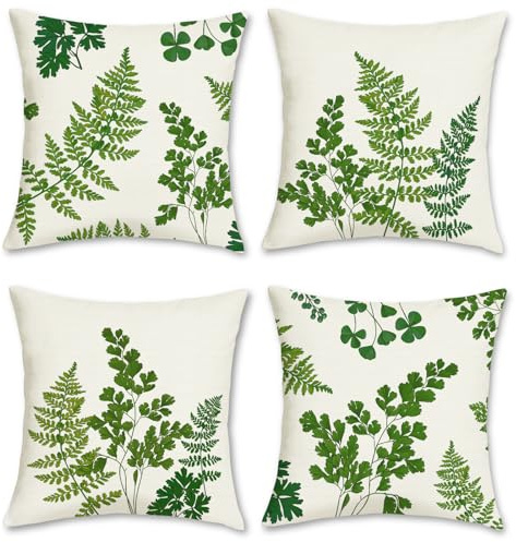 Bonhause Fern Leaves Cushion Covers 45 x 45 cm Green Leaf Plants Spring Decorative Throw Pillow Covers Polyester Linen Pillowcases for Sofa Garden Outdoor Decor Set of 4