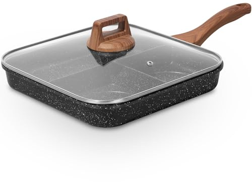 ESLITE LIFE Nonstick Divided Grill Pan with Lid & Tongs for Stove Tops, 11 Inch Versatile 3-In-1 Breakfast Pan, Square Big Grilling Steak Pan for Indoor & Outdoor Cooking, PTFE & PFOA Free, Black