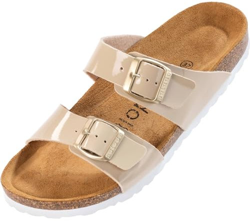 Palado Pantoletten Damen Samos - elegante Sandalen Made in Spain - bequeme Hausschuhe mit dämpfendem Kork-Fußbett - modische Sommerschuhe Lack Beige UK8 - EU41