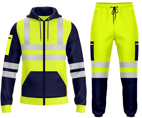 trending babz Chándal de alta visibilidad para hombre, cremallera alta, parches, visibilidad, seguridad, cálido, ropa de trabajo, pantalones con puños, con capucha, conjunto S-XXL, Amarillo marino., M