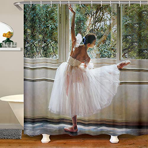 Loussiesd Ballet Dancer Shower Curtain Ballerinas Fabric Shower Curtains for Kids Girls Women Botanical Leaves Curtains Roamtic Ballet Bathroom Waterproof with 12 Hooks,72x72 Inch