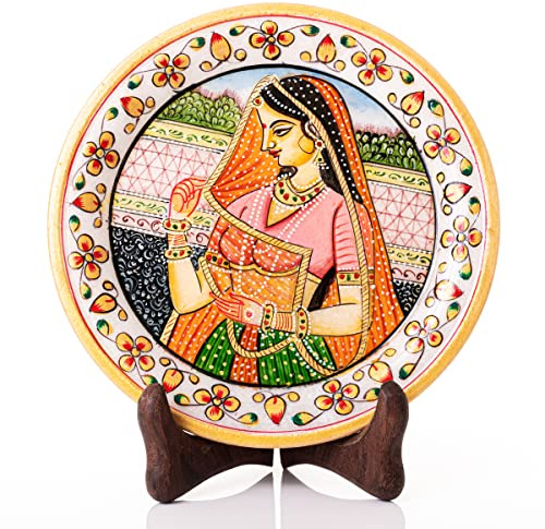 Tarini Gallery Marble Decorative Plate Traditional Indian Handpainted Round Shape Showpiece Pottery Plate with Stand for Decoration Home Office Décor and Gifting (Rajasthani Lady)