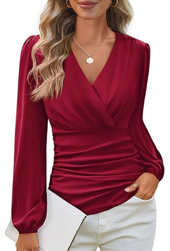 GRACE KARIN Long Sleeve Blouses for Women Dressy Casual, Wrap Tops Work Shirts, 2026 Spring Business Outfits Wine Red XL