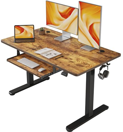 FEZIBO Height Adjustable Electric Standing Desk with Keyboard Tray, 120 x 60 cm Sit Stand up Desk with Splice Board, Black Frame/Rustic Brown Top