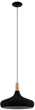 EGLO Pendelleuchte Esstisch Sabinar, Hängelampe für Wohnzimmer und Esszimmer, Esszimmerlampe aus Metall in schwarz und Holz in Natur, FSC100HB, Lampe hängend mit E27 Fassung, Ø 40 cm