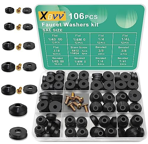 XBVV 106 pcs Flat and Beveled Faucet Washers and Brass Bibb Screws Assortment for Use with Assorted Quick-Opening Style Faucets Stem Worn Out Washer Replacements Black