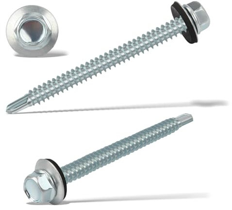 60 Pcs Vis Autoforeuse Metal 6,3 X 75 mm Autoperforante Inox Bac Acier Toiture Taraudeuses à Tôle Trapézoïdale à Tête Hexagonale Avec Rondelle D'étanchéIté Galvanisées (Argenté)