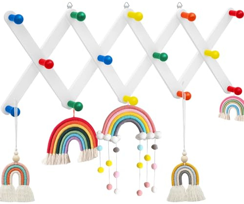 Suzile Kids Coat Rack Wall Mount Expandable Toddler Wooden Hanger Cute Coat Rack Rainbow Accordion Wall Hanger for Kids Children Hanging Backpack Bedroom Classroom Hat Clothes (Bright Color)
