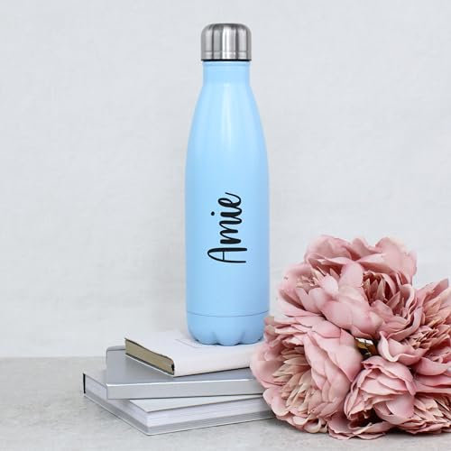 eBuyGB Personalised Girls Water Bottle, Custom Pastel Water Bottle/Vacuum Insulated Chilly Flask 500ml Gym Sports School Bottle Hot and Cold (Sky Blue)