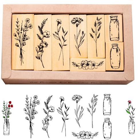 Fhioevt 8 Stück Holzstempel Stempel Holz Blumen Blätter Motivstempel Natürlichel Pflanze Stempelset Vintage Holzstempel zum Basteln für Scrapbooks Journals Tagebücher Crafts DIY Karten