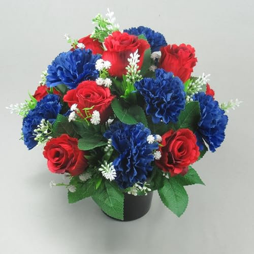 Just Because Flowers Artificial Grave Flower Arrangement with premium red roses, royal blue carnations and astilbe 25cm (10 inches) in grave pot/vase