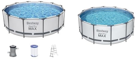 Bestway Steel Pro MAX Frame Pool-Set mit Filterpumpe Ø 366 x 100 cm, lichtgrau, rund & Flowclear™ Solarabdeckplane, Ø 356 cm, für runde 366 cm und 396 cm Aufstellpools, blau