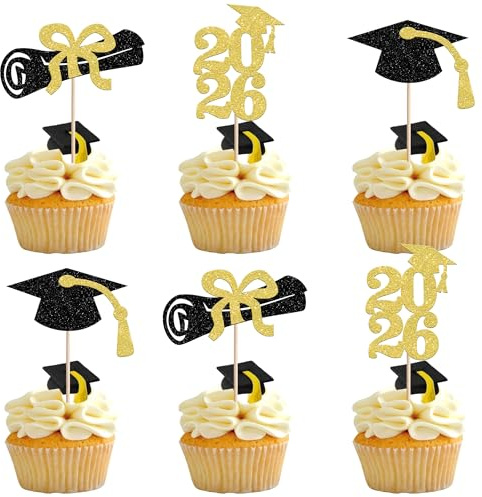 Xsstarmi 36 Pack 2026 Graduation Cupcake Toppers Glitter Grad Cap Diploma Class of 2026 Cupcake Picks Decorations for 2026 Graduation Theme Party Cake Decorations Gold
