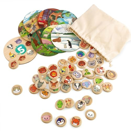 Ulanik Animales Juego de Bingo - Juegos de Mesa de Madera para Niños de 3 a 8 Años - Juegos Educativos y Preescolares - 48 Piezas