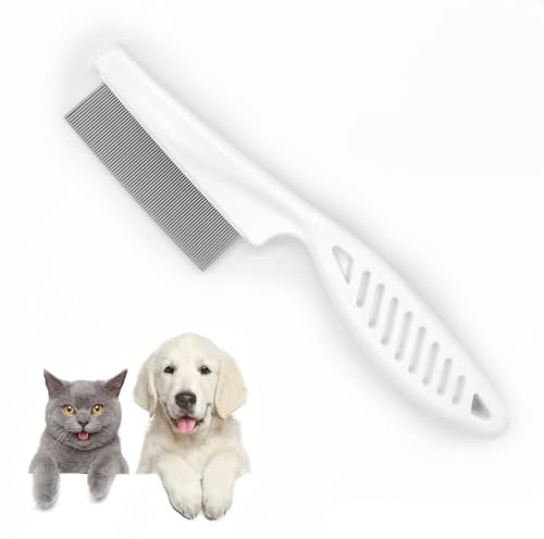 Flohkamm für Katzen Hunde Flohkamm für lange Haare, Haustierkamm Pflegekamm zur Entfernung von Flöhen, Zecken, Tränenflecken, Schuppen (Weiß)