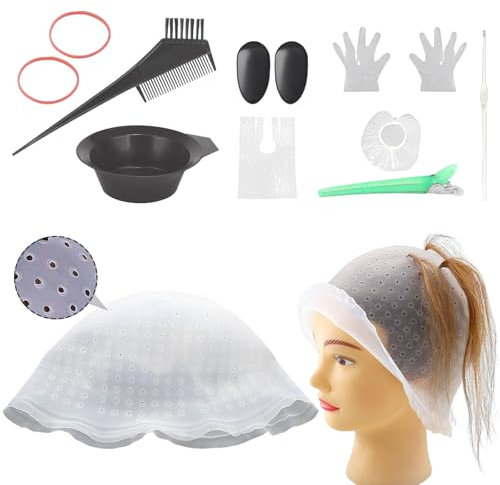 DBAILY Cuffia per capello, set di tinture per capello, 12 pezzi, con fori già punzonati, riutilizzabile, con pettine e spazzola colorante