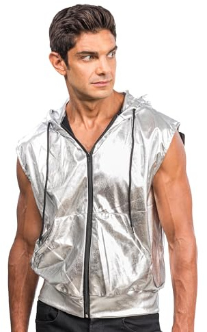 Chaks - Chaleco con capucha metalizado, conjunto sin mangas para festivales | Chaleco de fiesta con efecto metalizado, para discotecas y fiestas temáticas, con capucha, bolsillo y cremallera