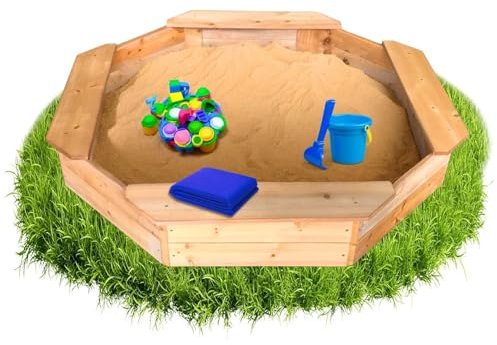 Coemo Larry M Bac à sable 8 carrés en bois marron avec bâche bleue, tapis de sol noir, 125 x 125 x 20 cm, bac à sable, 4 planches de siège et bac à cosses pour jardin et terrasse