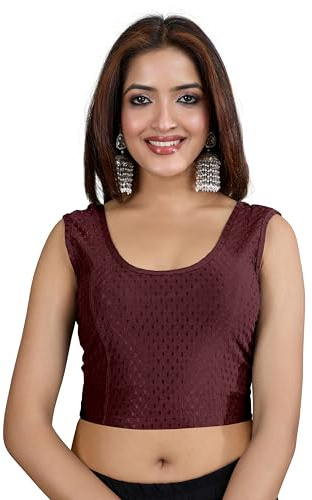 TRENDMALLS Dobby - Blusa de algodón puro y elastina elástica para mujer, cuello redondo, sin mangas, elegante blusa de sari lista para usar, Vino, 3XL