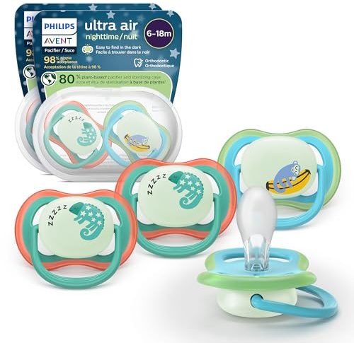 Philips Avent Ultra Air Nighttime Pacifiers - Orthodontic Design, for Babies 6-18 Months, Glow in The Dark, Soft Silicone Symmetrical Nipple, BPA-Free, with 2 Sterilizing Cases, 4 Pack, SCF376/36