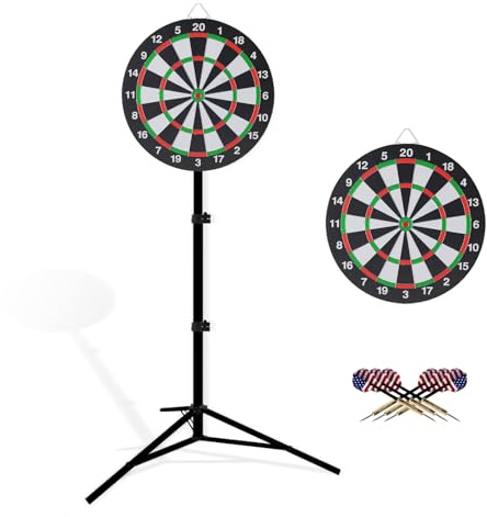 Dartboard with Stand, 34-74 Adjustable Height Dartboard Stand for Adults, 18 Dart Board, Sturdy Tripod, Portable Design with 6 Darts for Travel, Home, Bars, or Outdoor Games