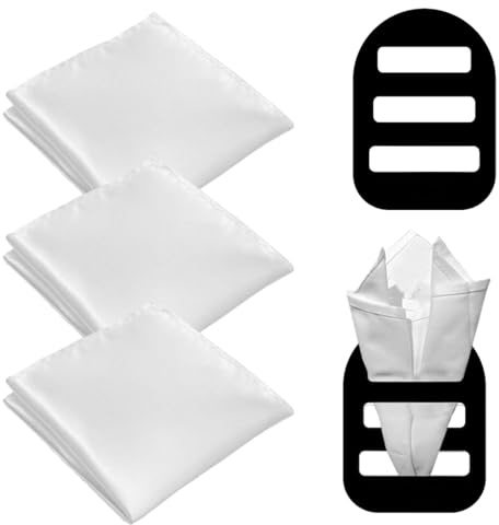 WeddHuis Pañuelos para Hombres, 3 Unidades Pre-doblado, Tela, Bolsillo Cuadrado Sedoso y Brillante, Pañuelo Traje, Blanco, Regalo de un sujetador de pañuelo (Tamaño 22 x 22 cm)