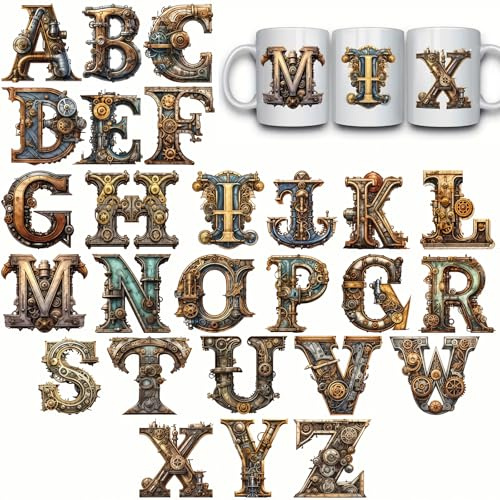26 Gear Steampunk Alphabet Letter UV DTF Cup Wraps Transfer Waterproof Sticker for Glass Cups Furniture Craft DIY Crafts,Rub on Transfer Stickers for DIY Water Bottle Laptop Decal Wood Car
