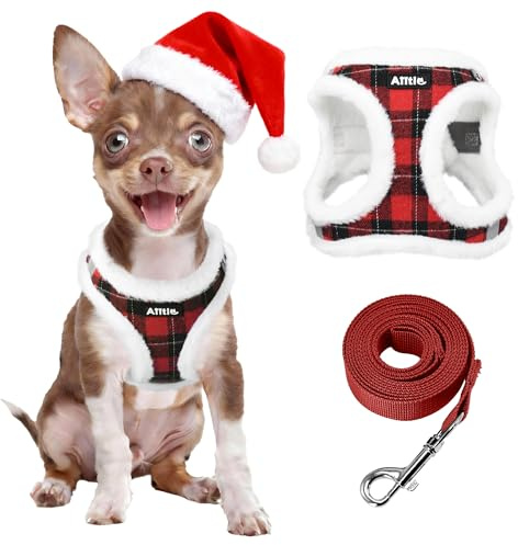 AIITLE Christmas Warm Plush Dog Harness and Leash Set - Plaid Pattern, Reflective, Secure with Hook & Loop Fastener, Adjustable for Medium Dogs - Ideal for Jogging, Hiking (Red, M)