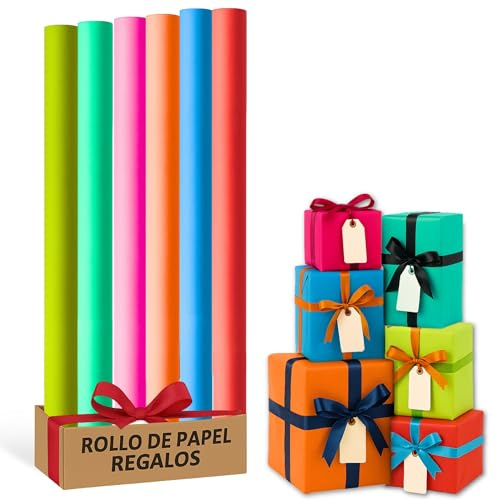 Rollo de papel para envolver regalos, Papel Regalo Cumpleaños, Papel Regalo Navidad, Papel navideño, Tamaño 70 cm x 2 Metros, Contiene 6 Rollos con diseños de Colores Lisos Multicolor