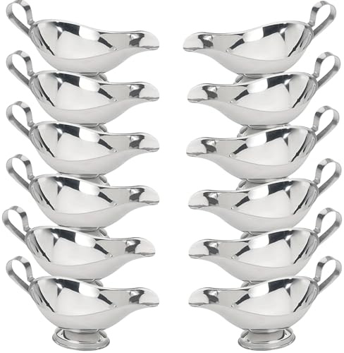 Stainless Steel Gravy Boat – Elegant Sauce Server with Gadroon Base & Easy-Pour Lip – Durable Metal Sauce Boat for Gravy, Dressings, Syrups, and Condiments – Dishwasher Safe (12, 8 Oz.)