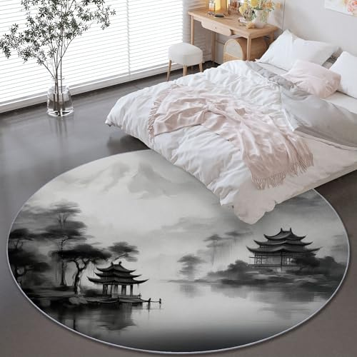 Oriental Pavilion Round Rug 180 cm, Washable Bedroom Circle Rug, Non-slip Soft Grey Mountain Peak house Floor Carpet for Living Room Dining Room Kids Nursery Room New Year Decor