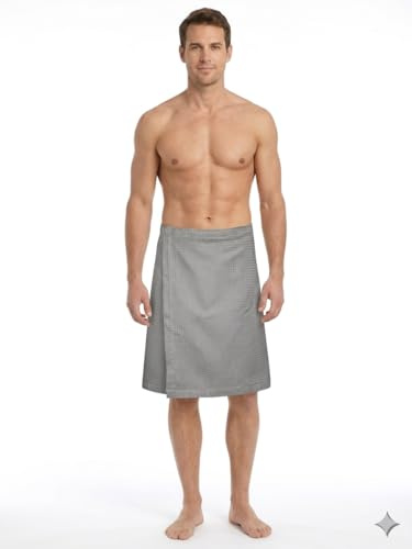 Sotra Saunakilt Herren aus 100% Baumwolle Waffel-Piqué – Sauna-Kilt mit Klettverschluss & Gummizug – saugstarkes Wickeltuch für Sauna, Spa & Fitness – Einheitsgröße (M-XL) – 57x150 cm (Grau)