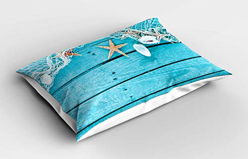 ABAKUHAUS maritim Kissenbezug, Nautik Muscheln und Net, Dekorativer Standard King Size Gedruckter Kissenbezug, 80 x 40 cm, Aqua Tan