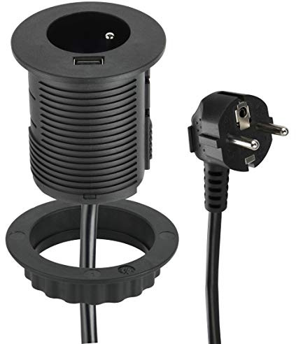 Electraline 35432 kompakt infällbart grenuttag med 1 uttag + 1 port USB 2.0A snabbladdning, för skrivbord/bord, 60 mm diameter, lätt att installera, 2 m kabelförlängning, svart